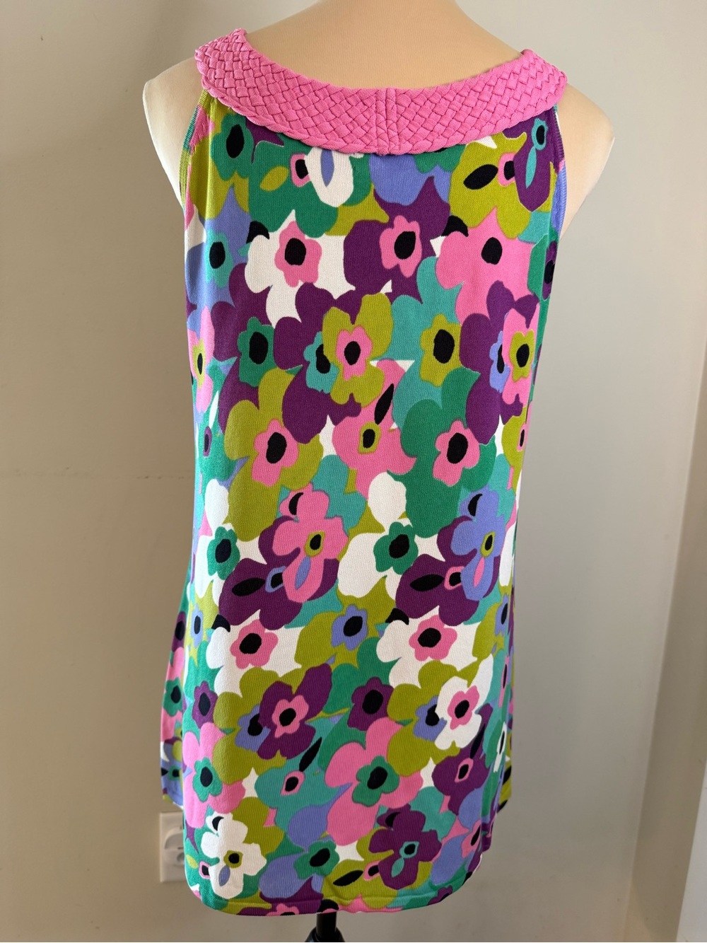 Joseph A. vibrant floral sleeveless sweater top braided pink trim SZ LG - Picture 4 of 11